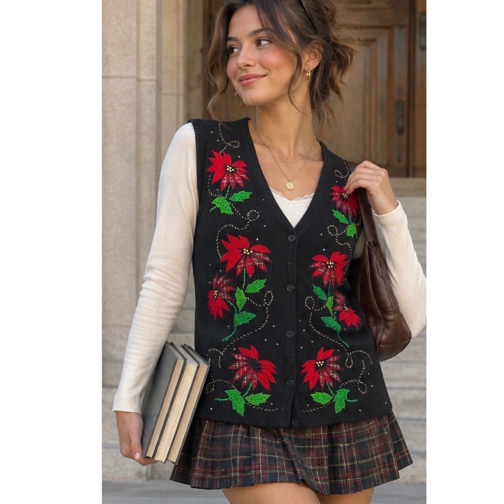 Bobbie Brooks Sweater Vest Womens Large Black Poinsettia Holiday Grannycore 1063